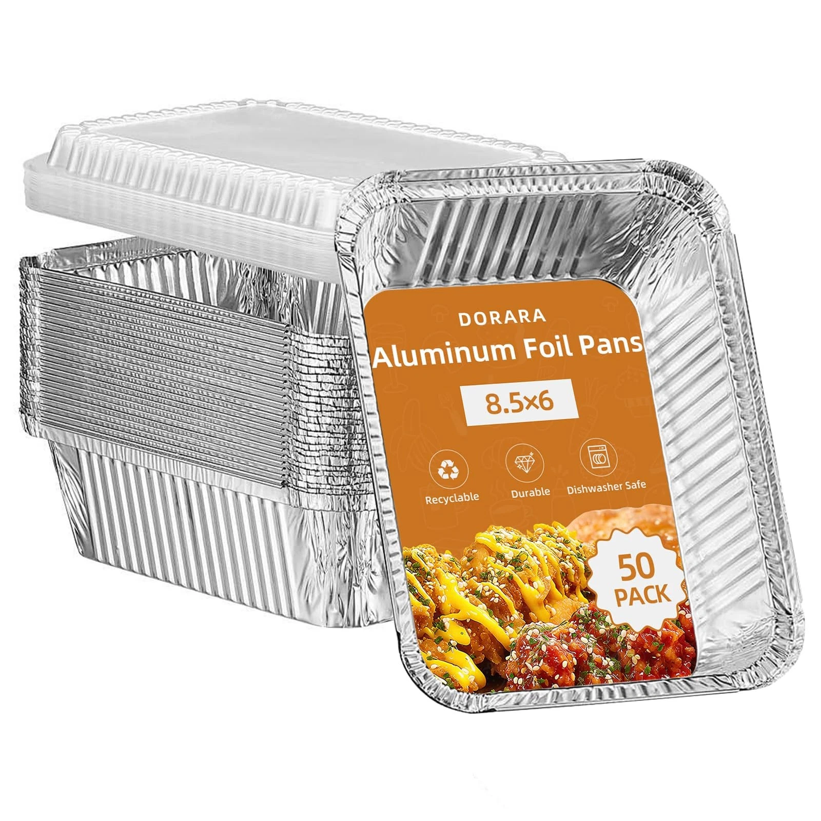8.5x6 Aluminum Pans with Clear Lids - 50 Pack, 2.25 LB Capacity - Disposable ...