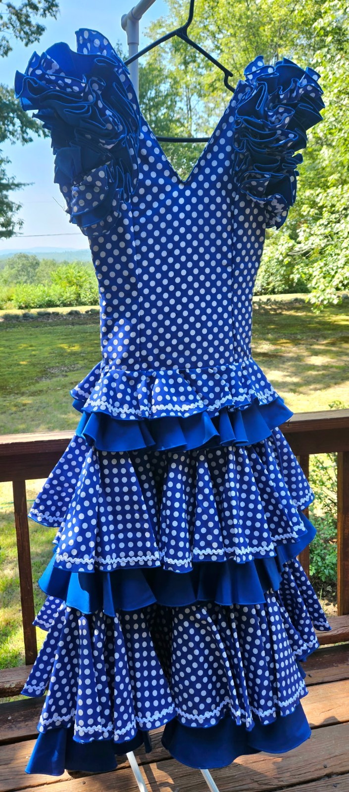 Vestido de Flamenca Poka-dot Azul y Blanco Español Auténtico Tradicional Niñas/Junior
