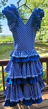 Girls/Juniors Authentic Traditional Spanish Blue  White Poka-dot Flamenco Dress