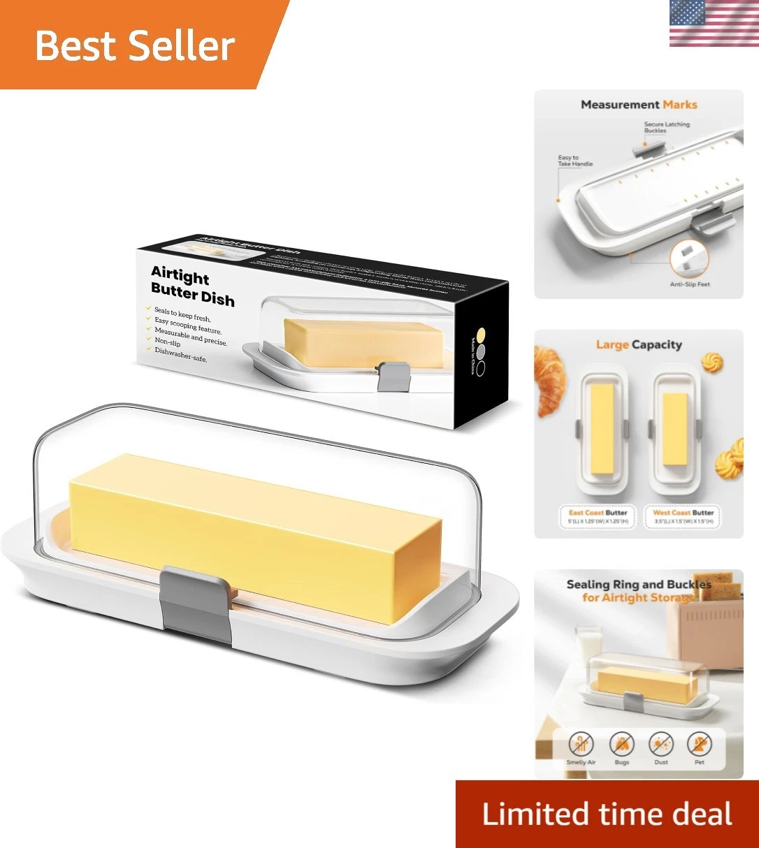 Butter Dish with Lid for Countertop and Refrigerator Door Shelf, Airtight But...