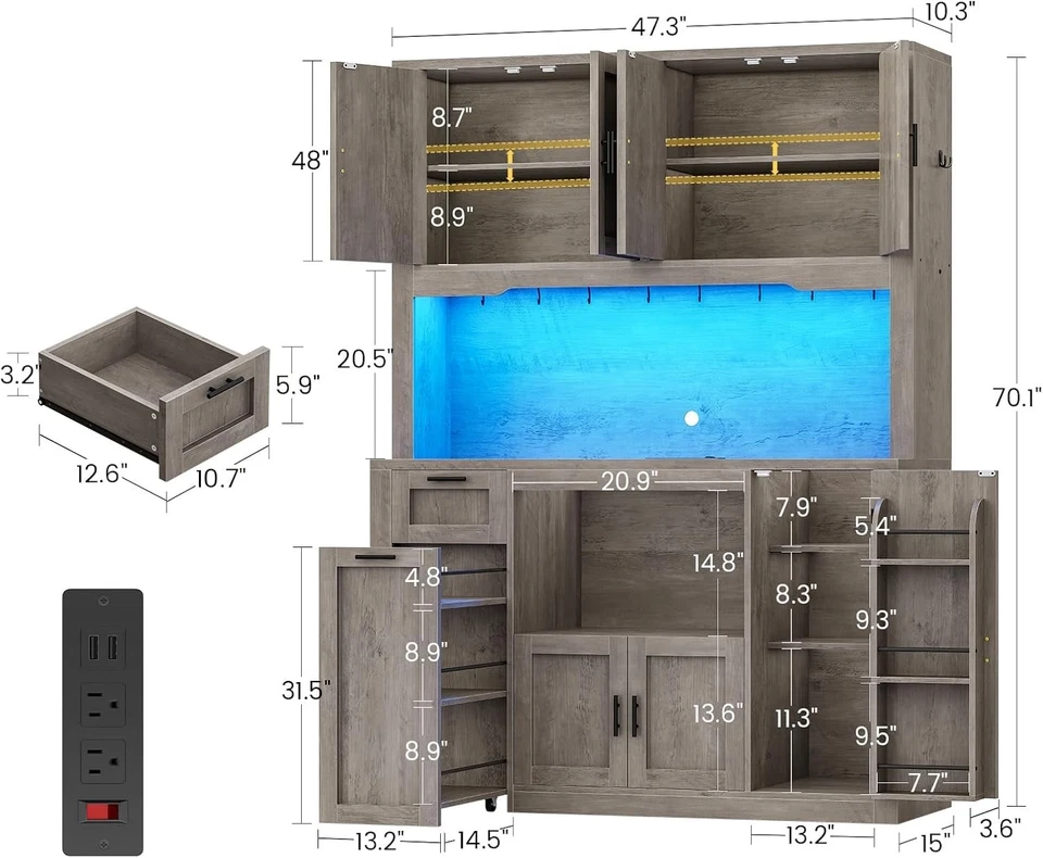 Mueble despensa de cocina 71" con luz LED y soporte para microondas, gabinete de almacenamiento de cocina Foto 2 de 4