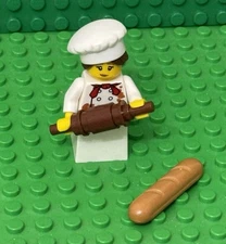 Lego New BAM 2023 Female Baker / Chef Mini Figure w/ Bread And MOC Dough Roller