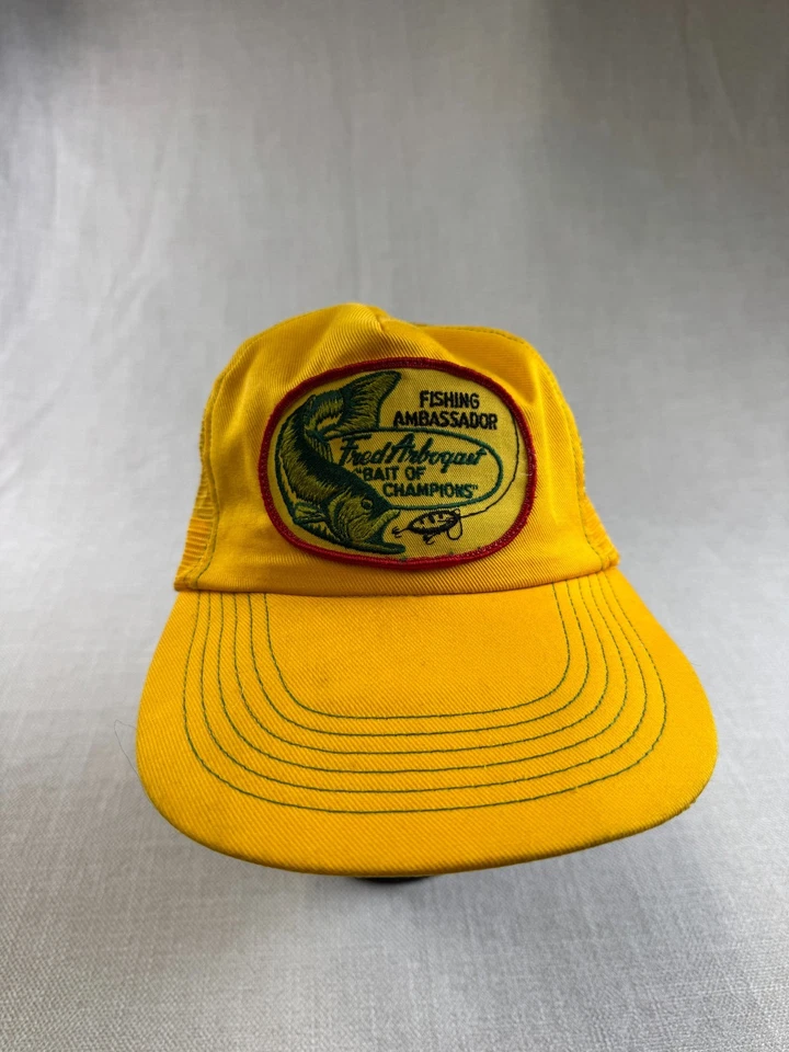 De colección Fred Arbogast Señuelos Sombrero Amarillo Billete Largo Snapback Torneo Pesca Foto 2 de 4