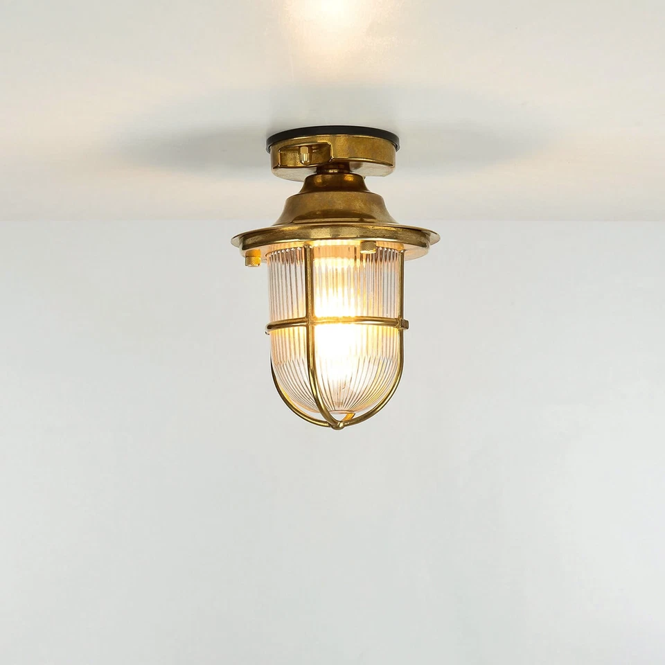 Deckenleuchte SANTORIN Messing Riffelglas Ø16cm IP54 Maritime Außen Lampe Balkon - Bild 3 von 4