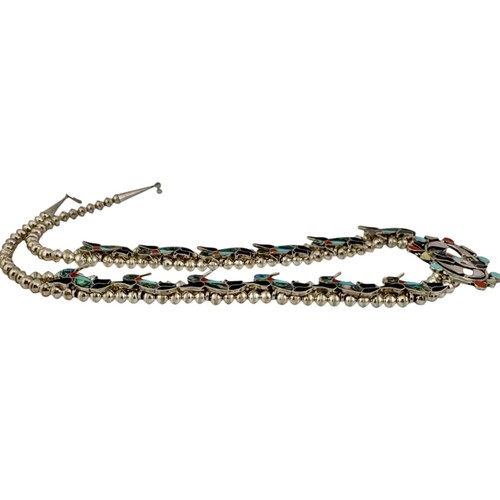 Magnificent Silver Zuni Hummingbird Multi-Gemstone Squash Blossom Style Necklace - Picture 6 of 8