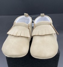 Baby Moccasins 9-12 Month Slip On Shoes Soft Sole Light Brown Tan Fringe READ