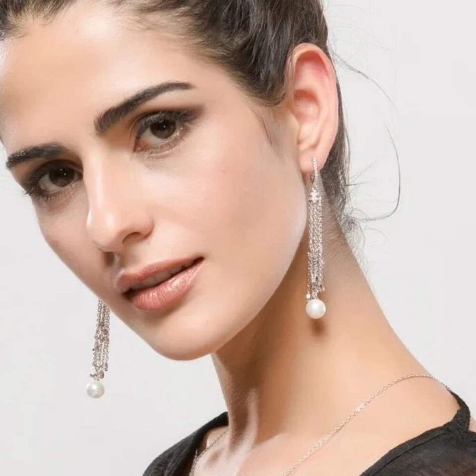 Long Silver Dangling Crystal & Pearl Earrings D14 - Image 4 of 4