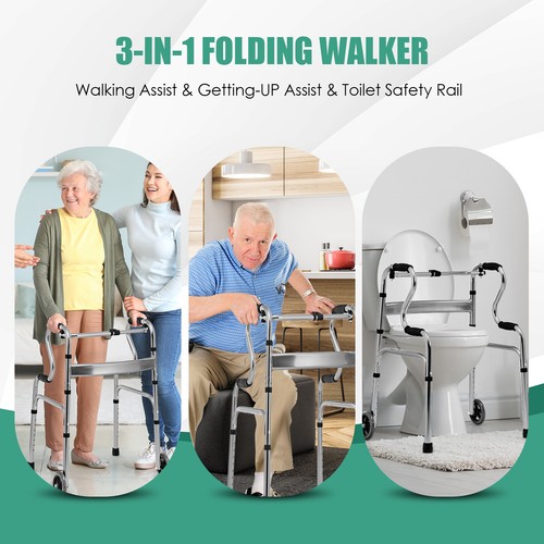 Folding Walker Aluminum Frame Wheels Elderly Mobility Aid Adjustable Height - Picture 9 of 26