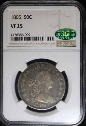 1805 Draped Bust Silver Half Dollar NGC VF25 with CAC Sticker!! GORGEOUS HALF!!
