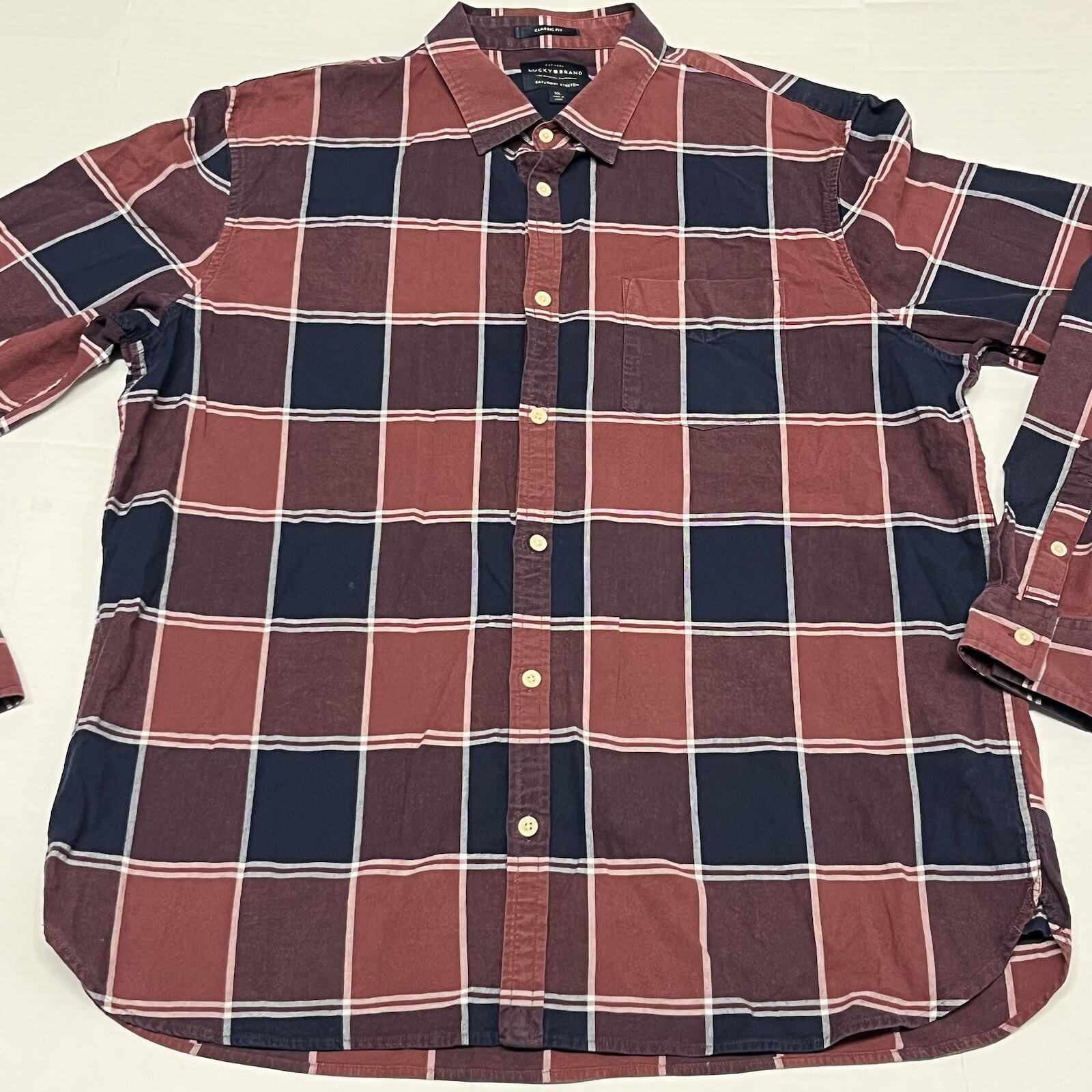 Lucky Brand Button Up Shirt Men XL Maroon Plaid Classic Fit Saturday Stretch