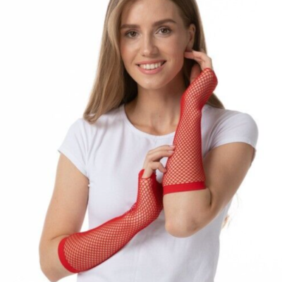 Red Fishnet Gloves 1980s 80s Rave Hen Party Fancy Dress Fingerless