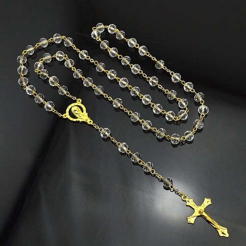 Collar Cuentas de Rosario Enchapado en Oro Cruz Jesús Crucifijo Virgen María Cadena Colgante - Imagen 16 de 16