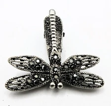 Vtg black textured silver tone metal shiny black DRAGONFLY HAIR scarf dress clip