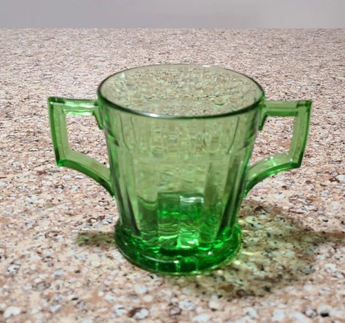 Green Depression Glass, Open Sugar Bowl - Embossed Heisey Logo - Beautiful!