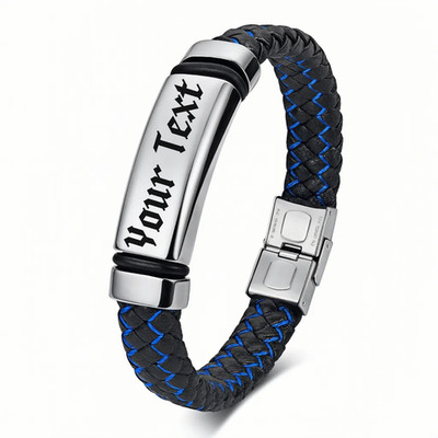 Tina&Co Custom Engraved Men s Leather Bracelet   Stainless Steel ID Cuff, Gift