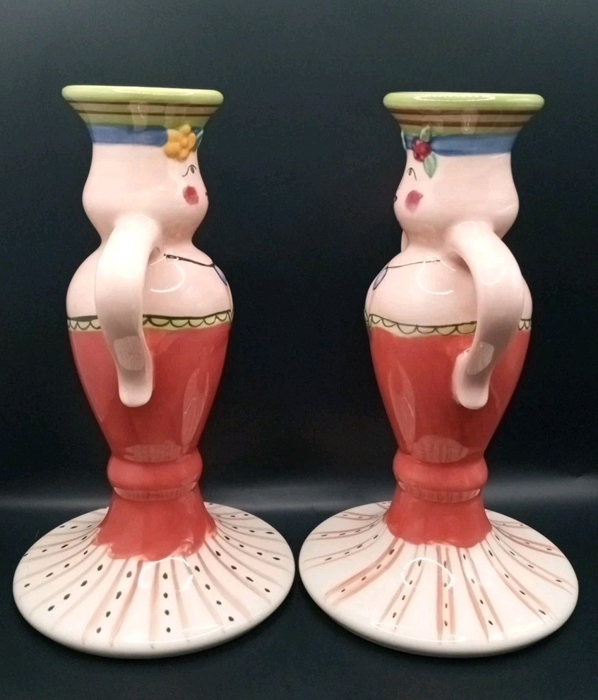 2 Pfaltzgraff Secrets of Pistoulet Lady Candle Stick Holders 9” Thanksgiving Dec