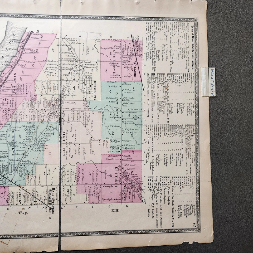 复古 Wheatfield 纽约地图 19 世纪手工彩色城镇土地所有者 历史 — 第 4/4 张图片