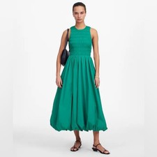 Madewell The Melody Bubble-Hem Smocked Midi Dress in Poplin Green NWT Size XS
