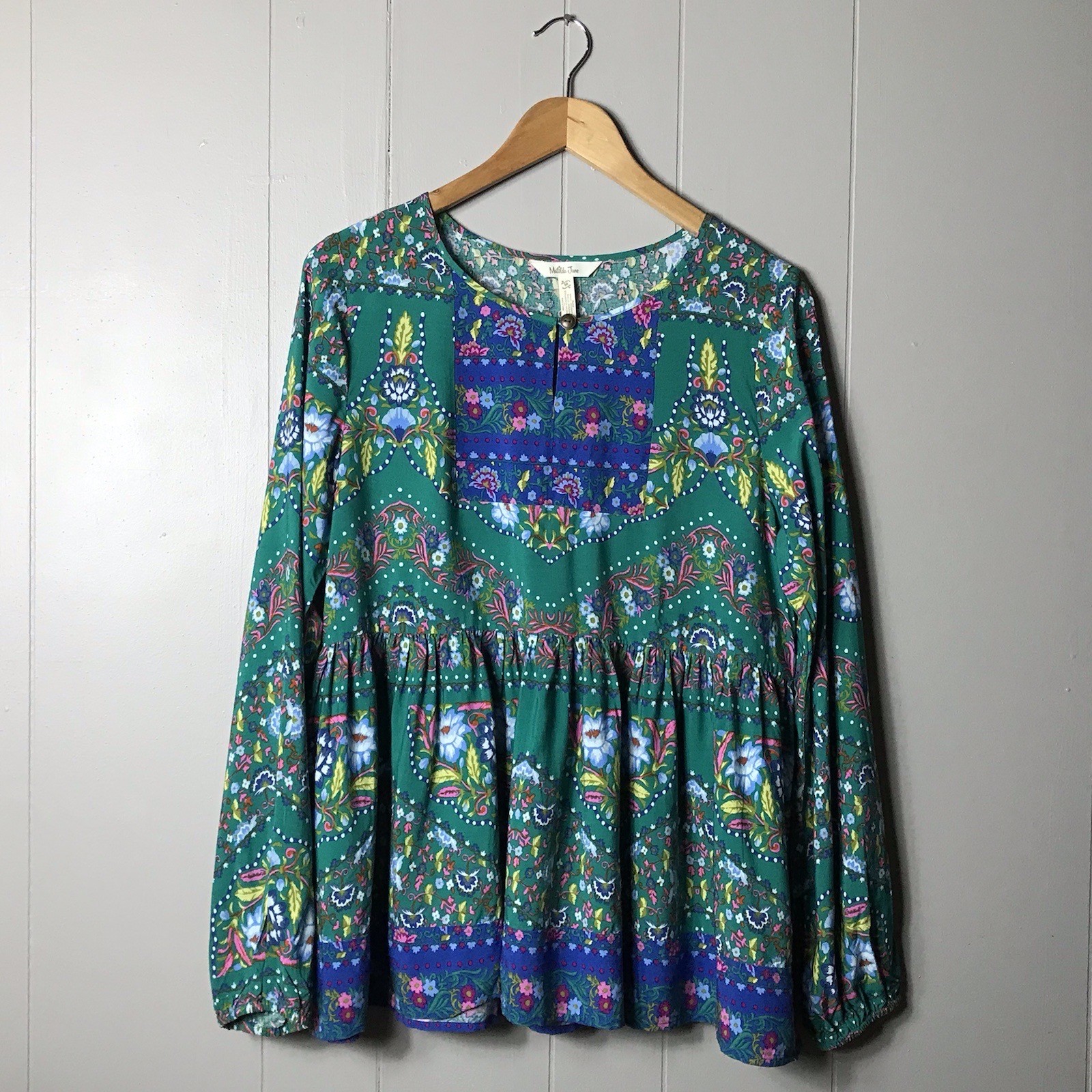 MATILDA JANE BLUE GREEN FLORAL PATTERN BOHO PEANSANT BLOUSE WOMENS SIZE MEDIUM