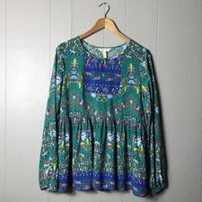 MATILDA JANE BLUE GREEN FLORAL PATTERN BOHO PEANSANT BLOUSE WOMENS SIZE MEDIUM