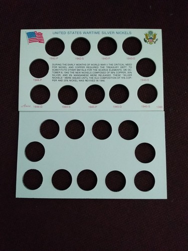Silver Wartime nickel set cardboard holder for 11 war nickels
