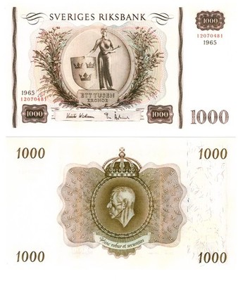 u Reproduction Note Sweden 1000 Kronor 1965 Pick #46  4865R