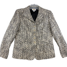 Talbots Petites Blazer Womens 12 Beige Cotton Silk Tweed Geometric Jacket