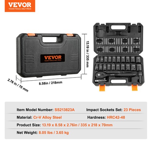 VEVOR Impact Sockets Set 23pcs 6-Point 1/2in Drive Bit Ratchet Tool Kit ...
