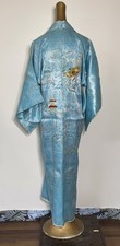 Vintage Blue Satin Brocade Golden Dragon Kimono Robe