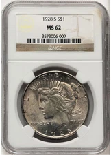 RARE 1928-S Peace Silver Dollar $1 NGC MS62 San Francisco US Coin