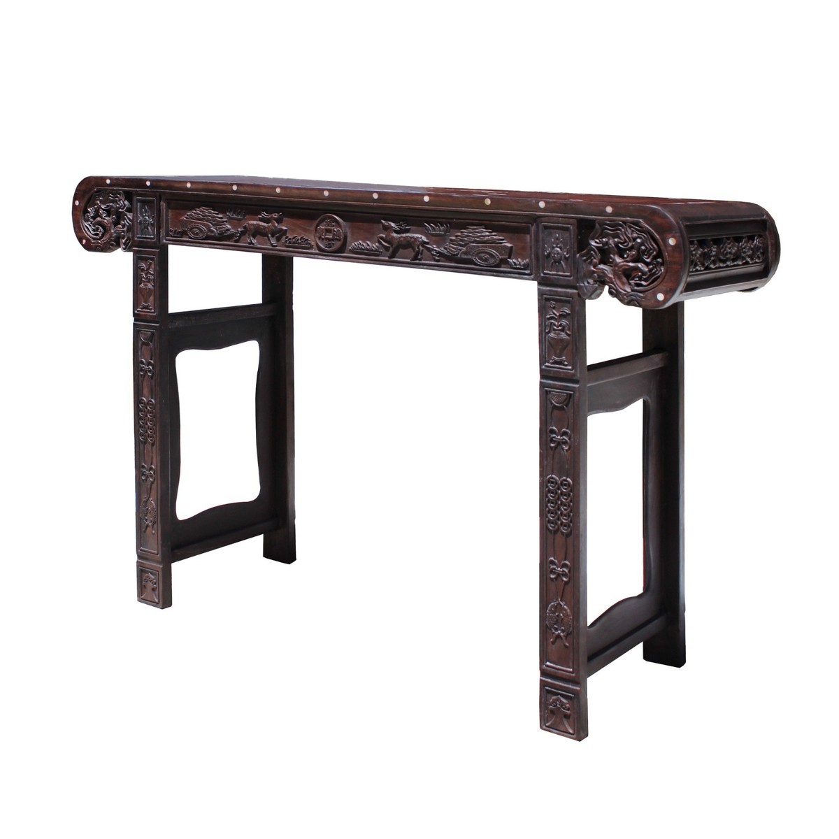 Chinese Brown Huali Rosewood Scroll Inlay Deer Fortune Motif Altar Table cs4227S Chinese Brown Huali Rosewood Scroll Inlay Deer Fortune Motif Altar Table cs4227S