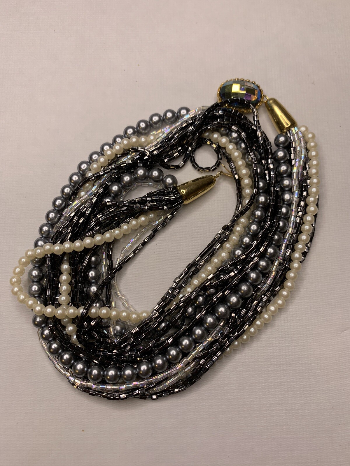 Multi layered beaded necklace simulated gray and … - image 5