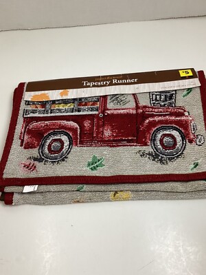 NEW Tapertry Runner Old Red Truck Pumpkins Apples Leaves 13x68  - DG
