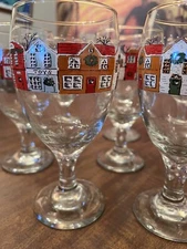 Vintage Libby Winter Christmas Village Street Scene Wine Water Goblets Set of 4