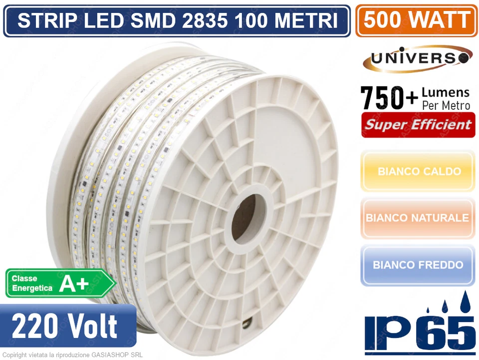BOBINA 100MT STRISCIA LED 3528 IMPERMEABILE IP65 220V MONOCOLORE 120 LED METRO - Immagine 2 di 3