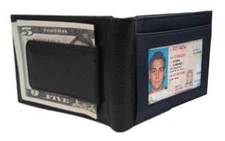 RFID Blocking Black Men's Leather Magnetic Money Clip Front Pocket Bifold Wallet