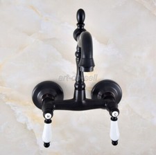 Oil Rubbed Bronze Bathroom Basin Sink Faucet Dual Handles Mixer Tap Wall Mount