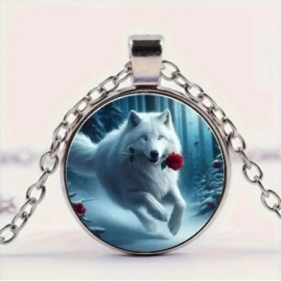 White Wolf & Rose Round Pendant Necklace Fashionable Jewelry Accessory