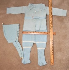 REDUCED Vntg Wool 4 Pc Outfit Hat Sweater Belt Leggings-Light Blue