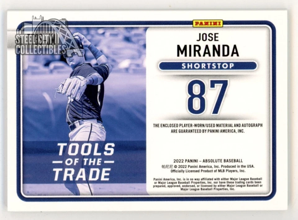 Jose Miranda 2022 Panini Absolute Gold Autograph Triple Patch Card 02/10 - Image 2 of 2