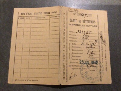 RATIONIERUNGSKARTE KLEIDUNG UND TEXTE 1942 VILLARS VAUCLUSE JALLET