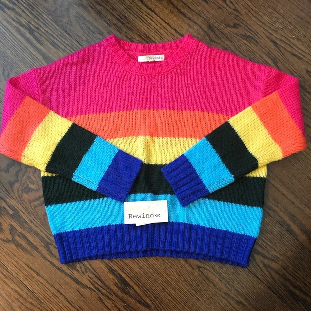 REWIND Womens Bold Rugby Stripe Colorful Lightweight Crewneck Sweater Sz Large