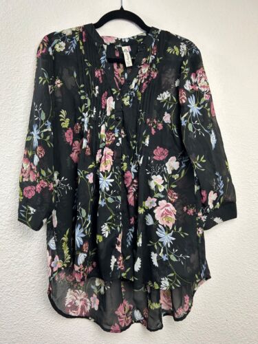 American Rag Cia Sz S Black Floral Button Top Sheer Dark Goth Flowy Fairy Grunge