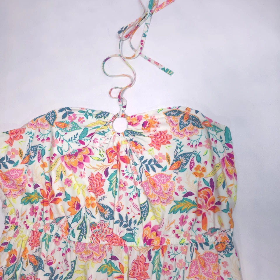 Mameluco halter antiguo azul marino para mujer talla XXL calce alto acampanado floral tropical playa viaje Foto 4 de 4