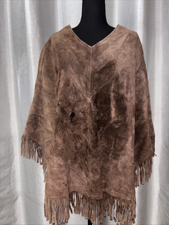 CAPE PONCHO EXPRESS Women Southwestern Tribal Core Brown Leather Poncho One Size