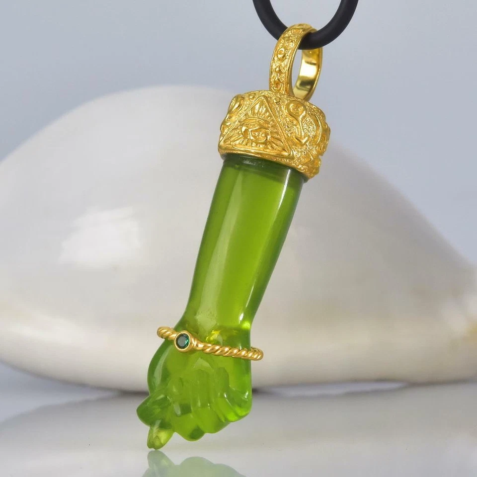 Gold Vermeil Sterling Mano Fico Figa Anhänger Geschnitzt Chalzedon Smaragd 10.55 - Bild 3 von 4