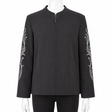 Bob Mackie Wearable Art Jacket Womens XL Black Faux Suede Embroidered Beaded Zip