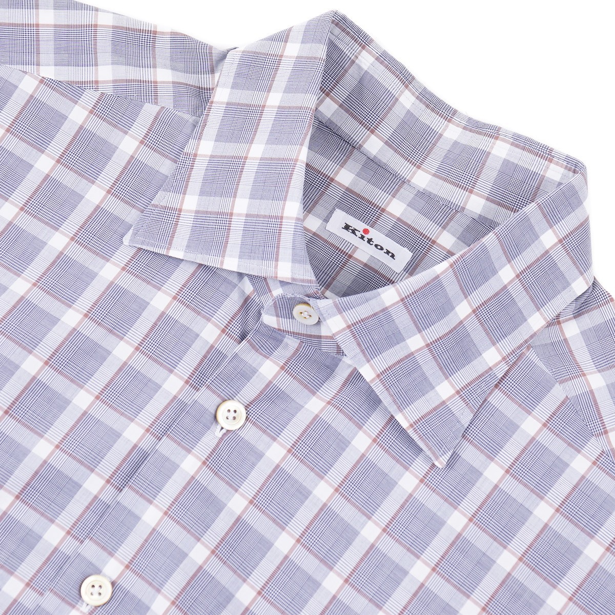 Kiton Napoli Tailored-Fit Blue-White-Brown Check Cotton Dress Shirt 17 x 37 View 3