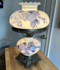 VTG 3way Lamp Milk Glass Blue Floral Hand Painted Hurricane Table Lamp 18 Inch