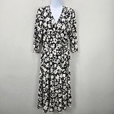 Eliza J Midi Dress 8 Black White Floral Faux Wrap Tie Waist Stretch 3/4 Sleeve